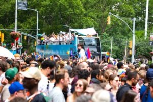 H&M Double Decker Bus Advertising in NYC Pride Parage